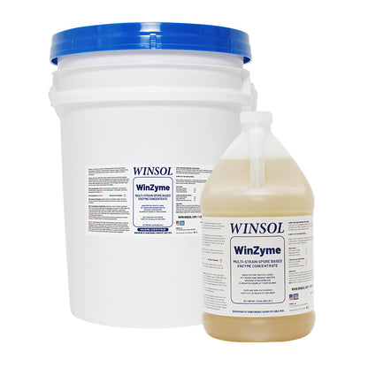 WinZyme multi-strain enzyme odor eliminator concentrate gallon jug and 5-gallon bucket for industrial sewage and urine odor control
